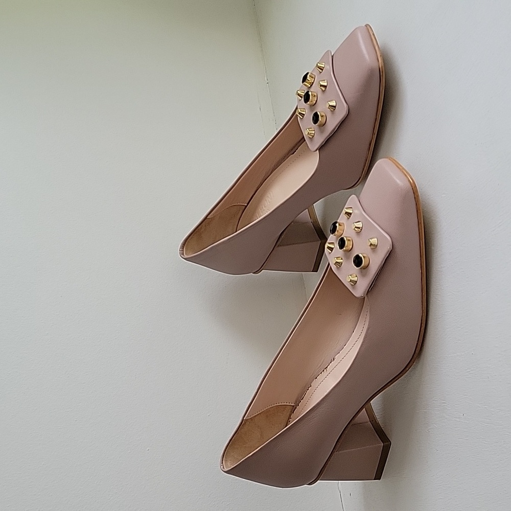 Women's Taupe Block Heel Pumps with Gold Stud Embellishment